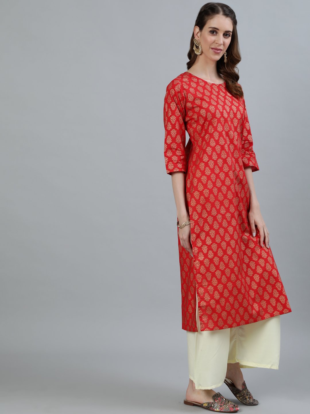 Women Red Printed Straight Kurta With Three Quarter Sleeves | LASVINI - Redefining Indian Fashion with Elegance