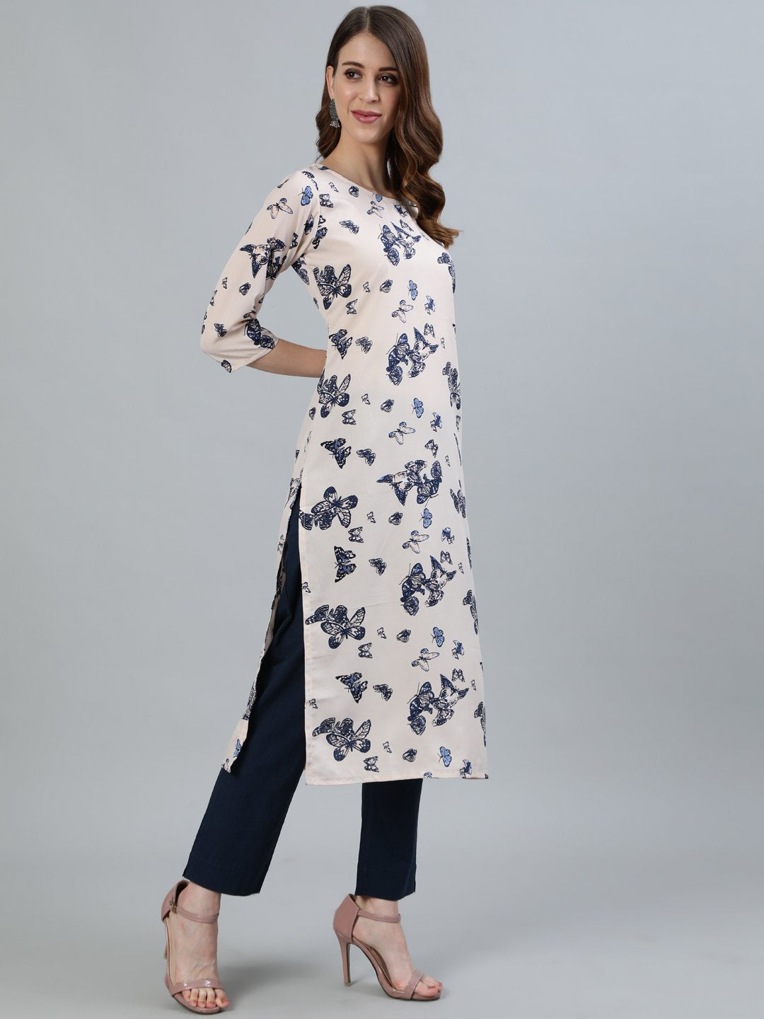 Women Peach Printed Straight Kurta With Three Quarter Sleeves | LASVINI - Redefining Indian Fashion with Elegance