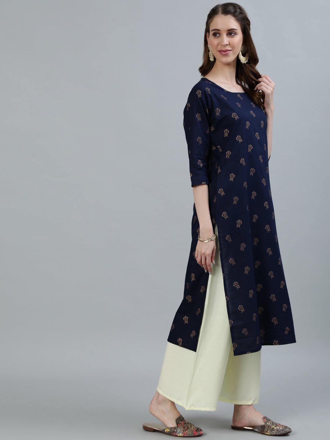 Women Navy Blue Printed Straight Kurta With Three Quarter Sleeves | LASVINI - Redefining Indian Fashion with Elegance