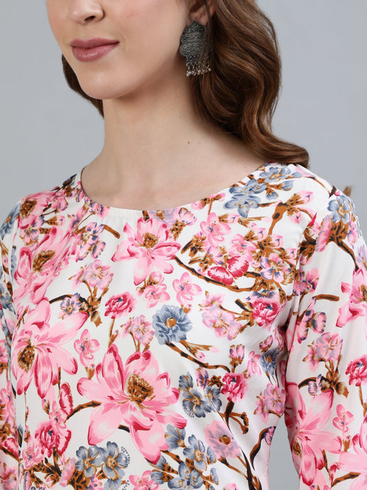 Women Pink Floral Printed Straight Kurta With Three Quarter Sleeves | LASVINI - Redefining Indian Fashion with Elegance