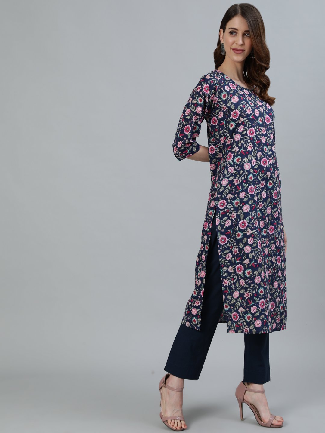 Women Navy Blue Floral Printed Straight Kurta With Three Quarter Sleeves | LASVINI - Redefining Indian Fashion with Elegance