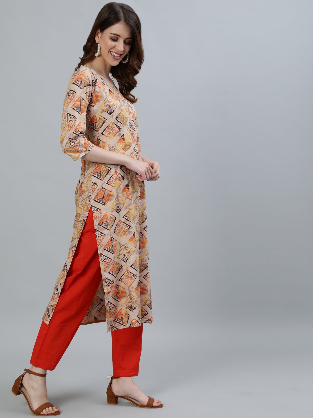 Women Beige Printed Straight Kurta With Three Quarter Sleeves | LASVINI - Redefining Indian Fashion with Elegance