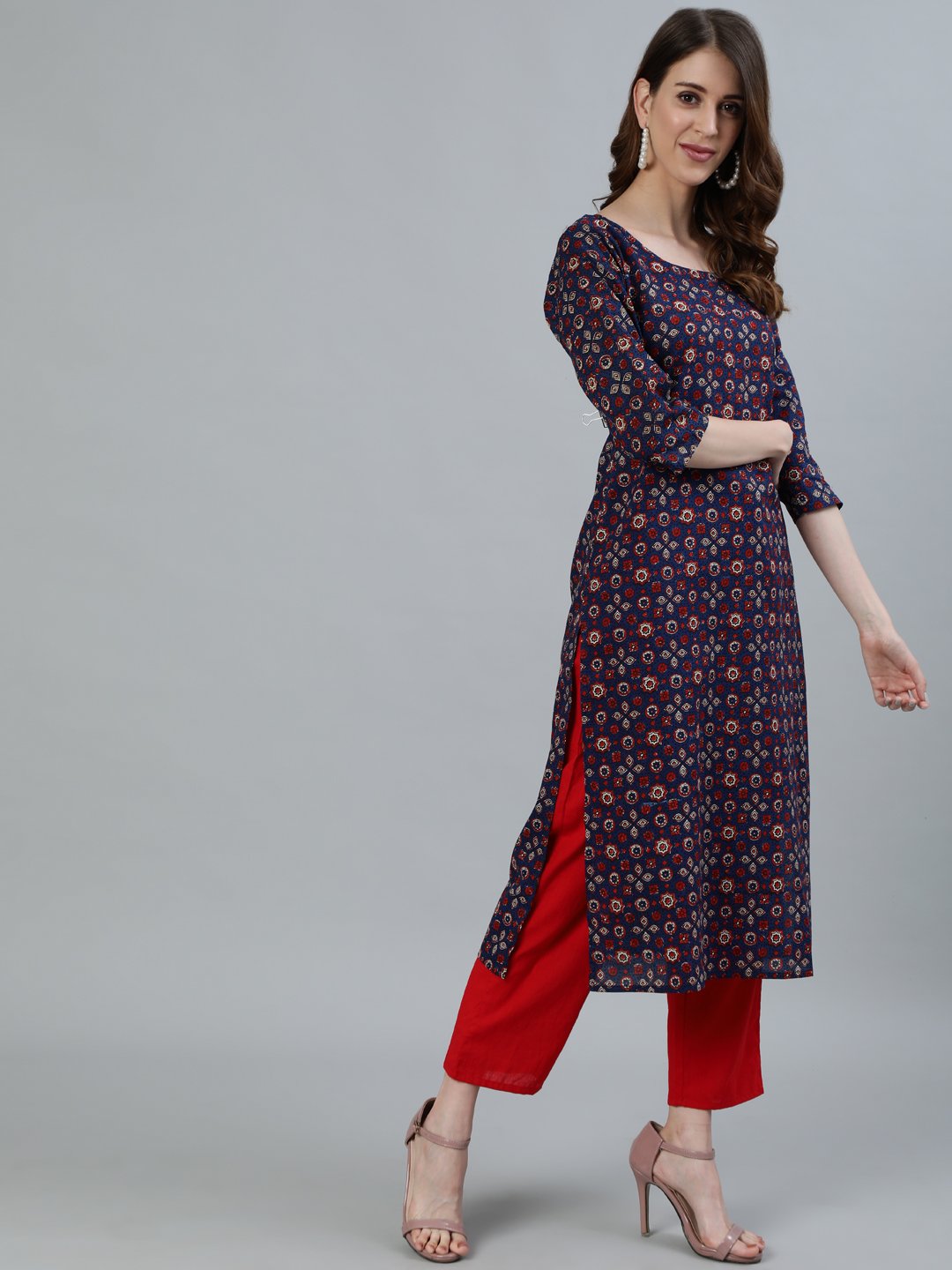 Women Navy Blue Printed Straight Kurta With Three Quarter Sleeves | LASVINI - Redefining Indian Fashion with Elegance