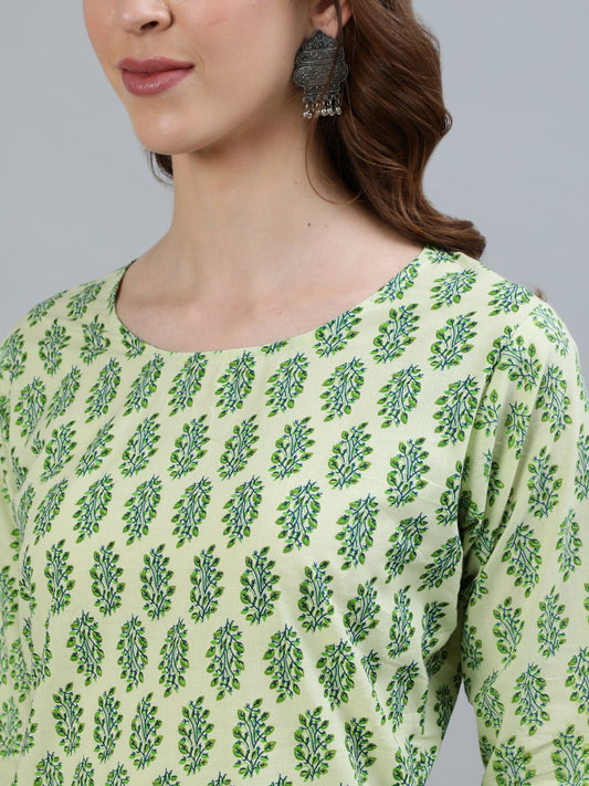 Women Green Printed Straight Kurta With Three Quarter Sleeves | LASVINI - Redefining Indian Fashion with Elegance