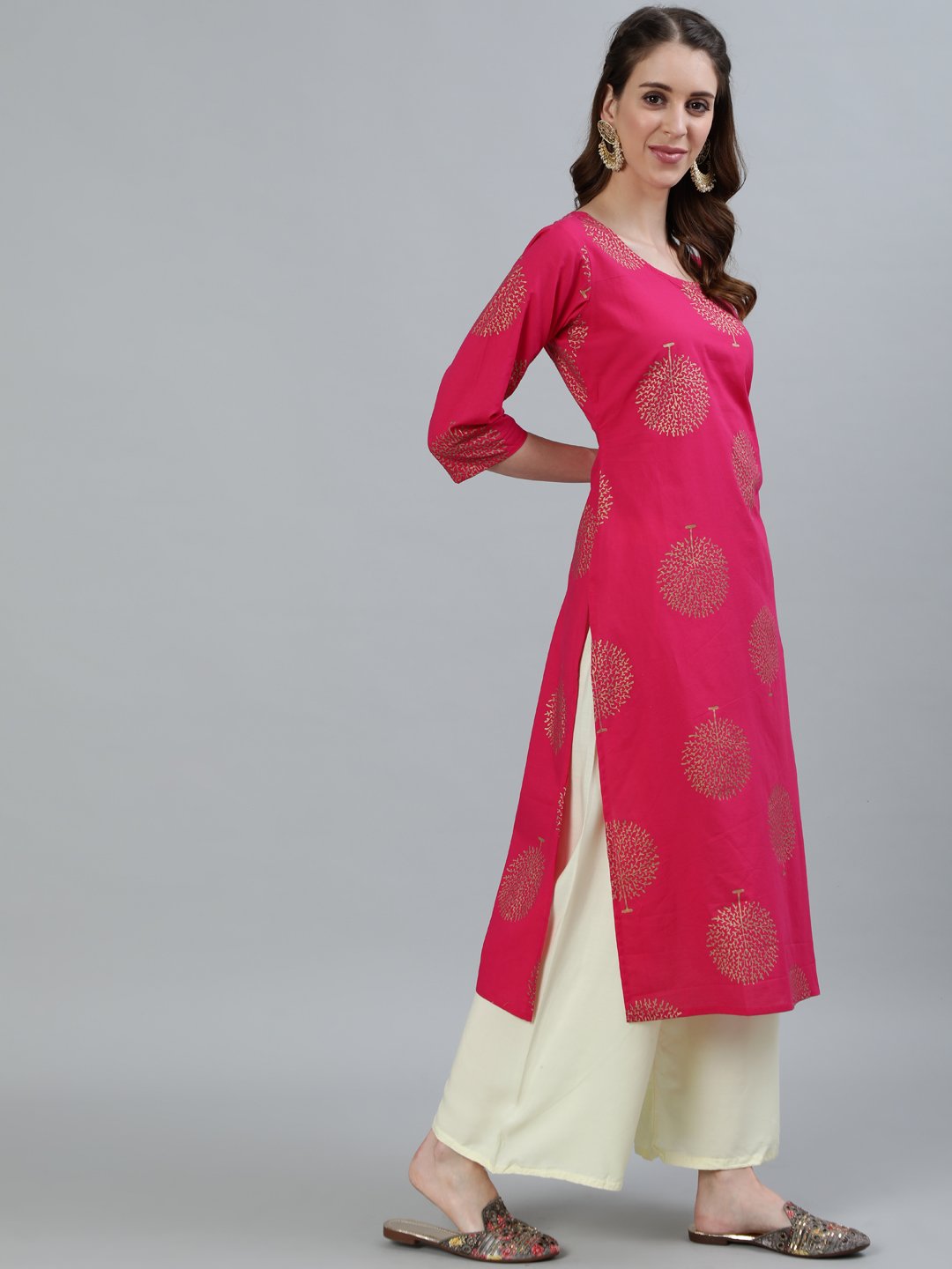 Women Pink Printed Straight Kurta With Three Quarter Sleeves | LASVINI - Redefining Indian Fashion with Elegance