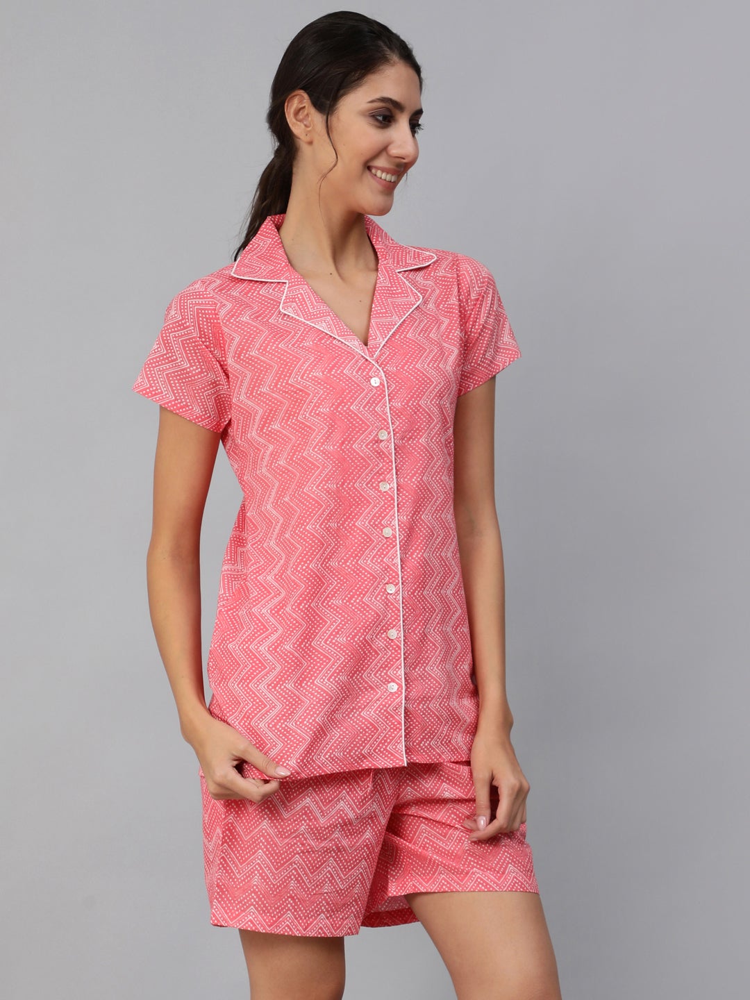 Women Pink Zig-Zac Printed Night Suit | LASVINI - Redefining Indian Fashion with Elegance