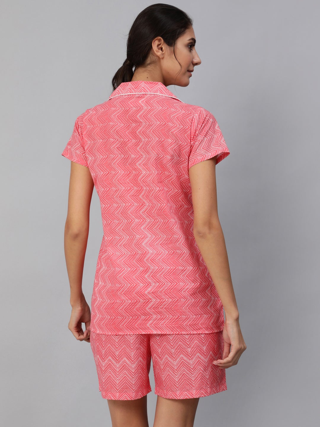 Women Pink Zig-Zac Printed Night Suit | LASVINI - Redefining Indian Fashion with Elegance