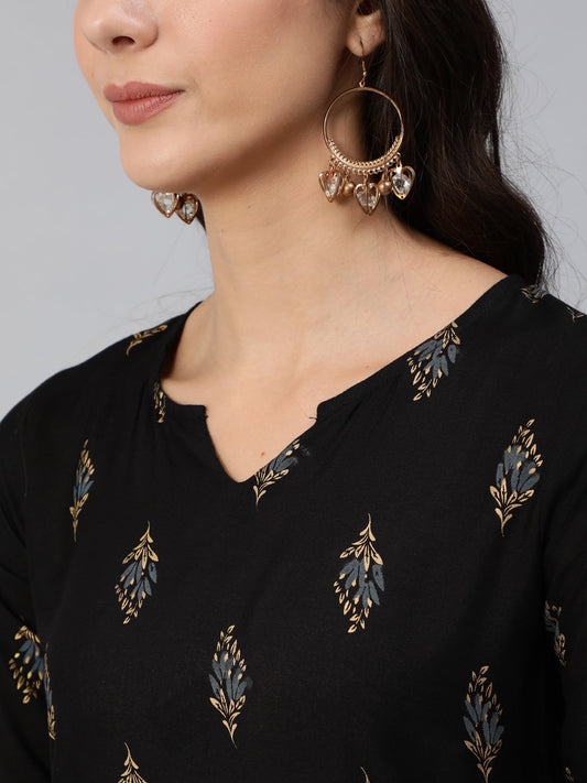 Women Black & Gold Printed Straight Kurta With Three Quarter Sleeves | LASVINI - Redefining Indian Fashion with Elegance