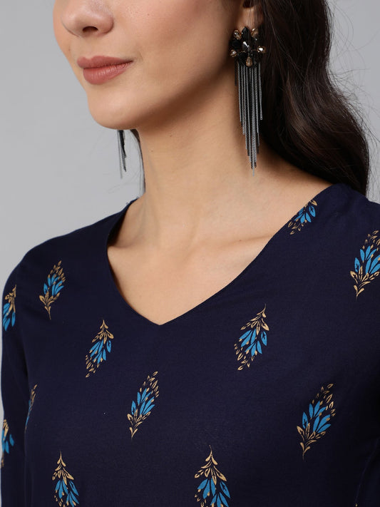 Women Navy Blue & Gold Printed Straight Kurta With Three Quarter Sleeves | LASVINI - Redefining Indian Fashion with Elegance