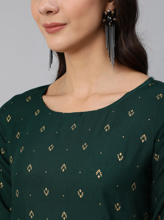 Women Green & Gold Printed Straight Kurta With Three Quarter Sleeves | LASVINI - Redefining Indian Fashion with Elegance