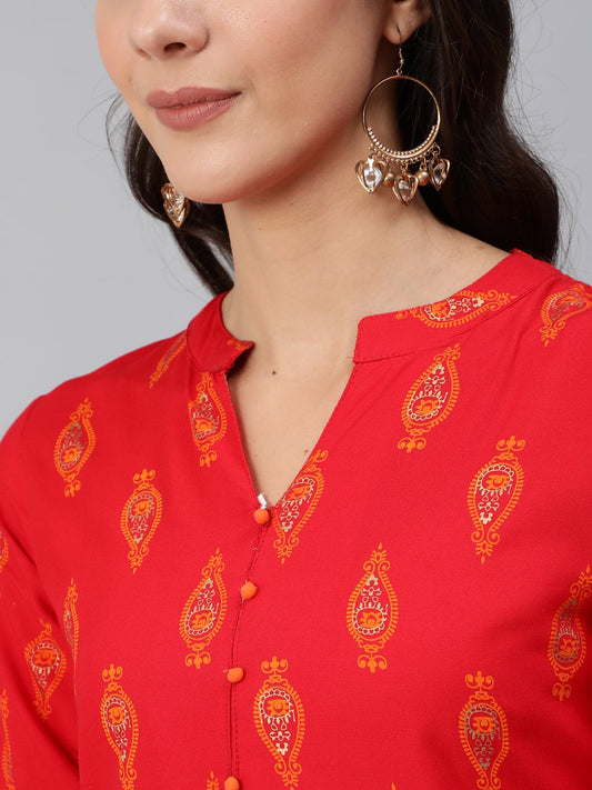 Women Red & Gold Toned Ethnic Motifs Printed Straight Kurta | LASVINI - Redefining Indian Fashion with Elegance