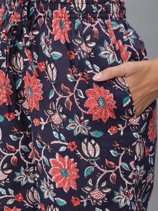 Women Blue Floral Printd Shorts With Pocket | LASVINI - Redefining Indian Fashion with Elegance