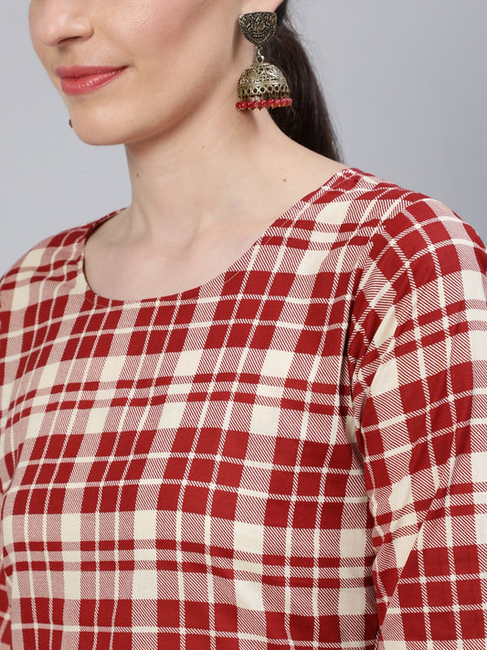 Women Cream & Red Checked Straight Kurta With Three Quarter Sleeves | LASVINI - Redefining Indian Fashion with Elegance