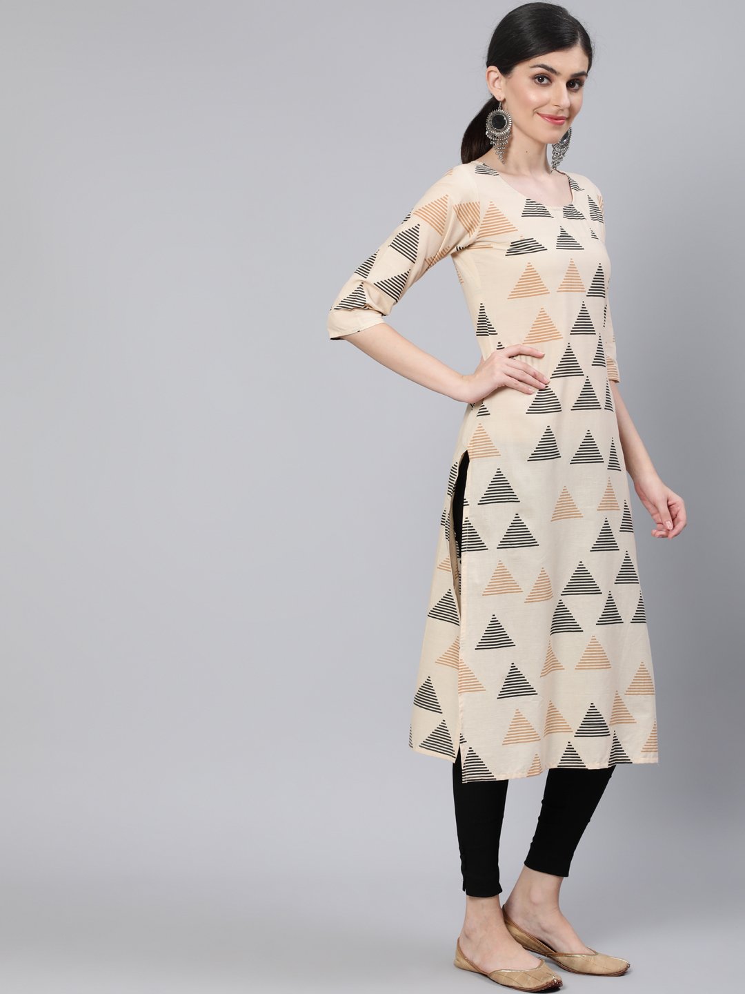 Women Beige Printed Straight Kurta With Three Quarter Sleeves | LASVINI - Redefining Indian Fashion with Elegance