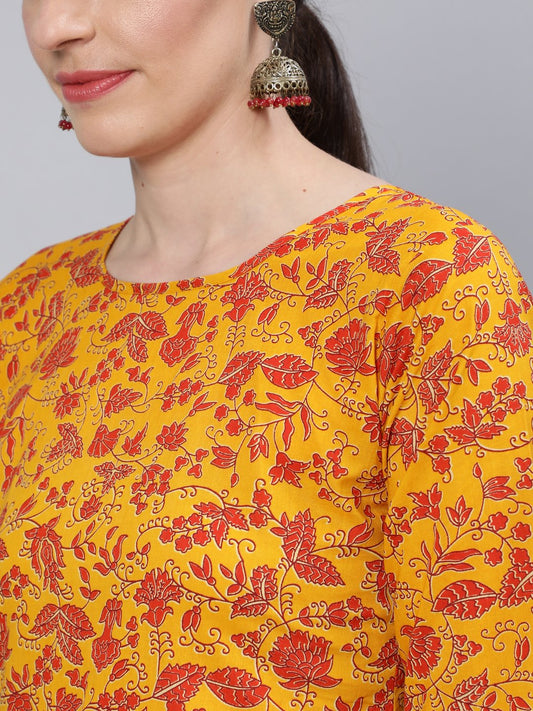 Women Mustard Floral Printed Straight Kurta With Three Quarter Sleeves | LASVINI - Redefining Indian Fashion with Elegance