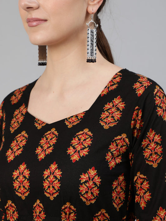 Women Black Printed Dress With Three Quarter Sleeves | LASVINI - Redefining Indian Fashion with Elegance