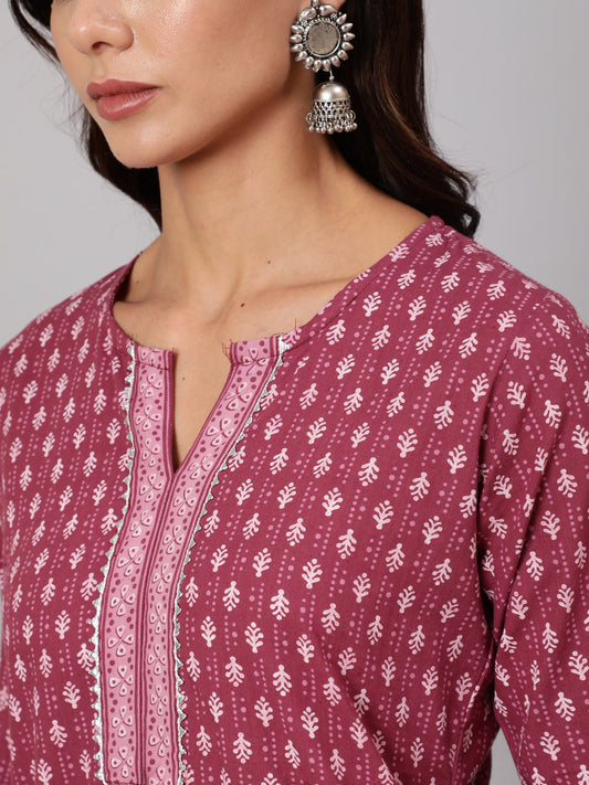 Women Mauve Printed Straight Kurta With Three Quarter Sleeves | LASVINI - Redefining Indian Fashion with Elegance