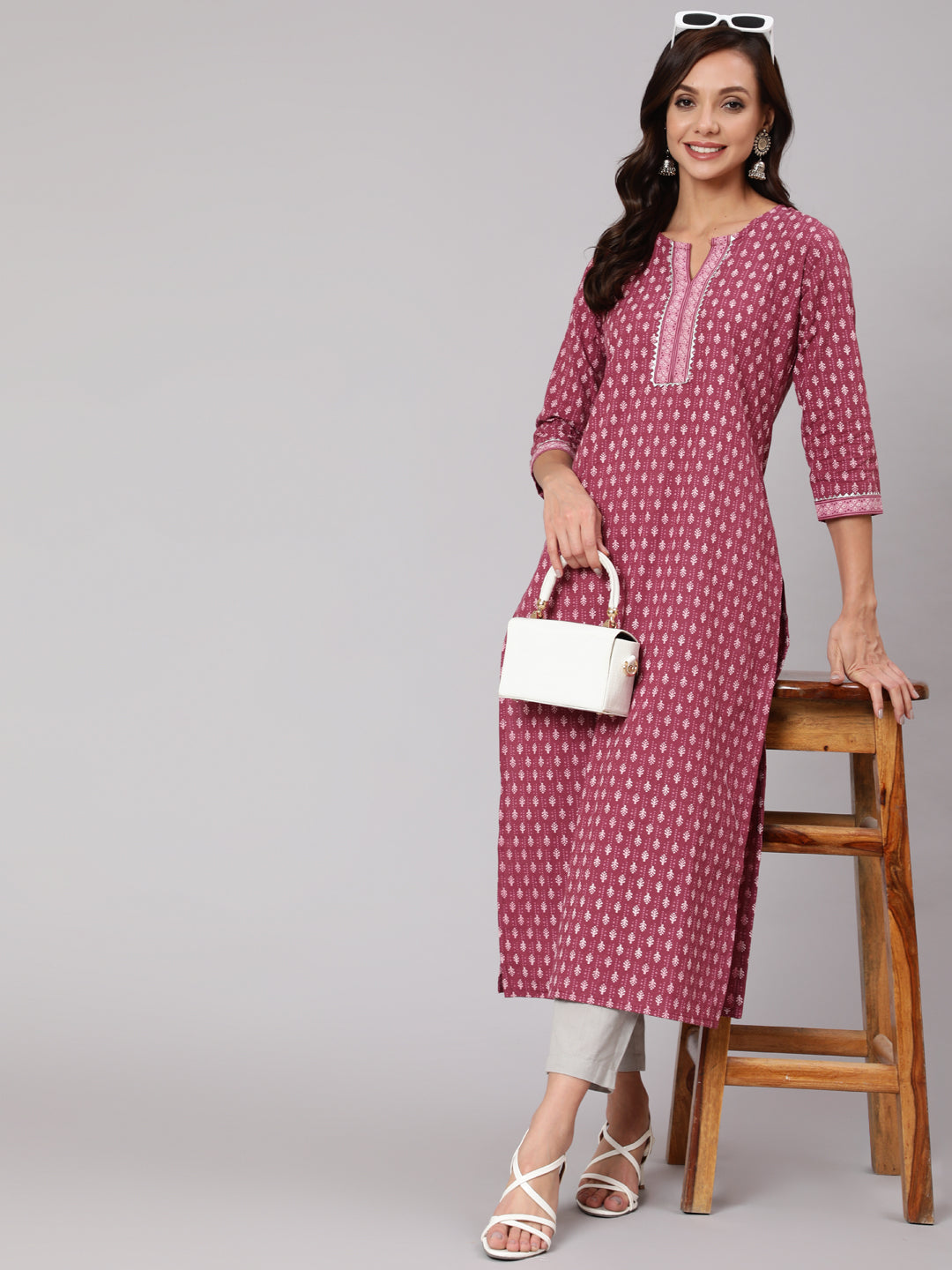 Women Mauve Printed Straight Kurta With Three Quarter Sleeves | LASVINI - Redefining Indian Fashion with Elegance