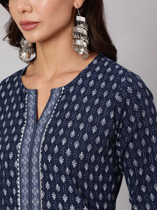 Women Navy Blue Ethnic Printed Straight Kurta With Three Quarter Sleeves | LASVINI - Redefining Indian Fashion with Elegance