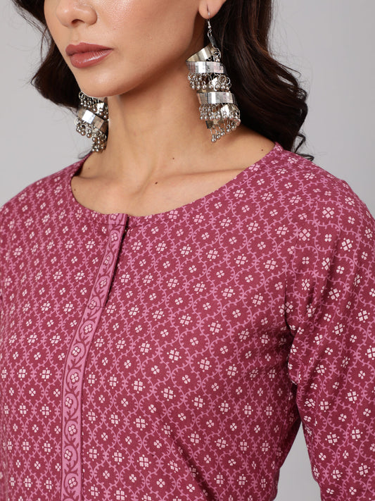 Women Mauve Printed Straight Kurta With Three Quarter Sleeves | LASVINI - Redefining Indian Fashion with Elegance