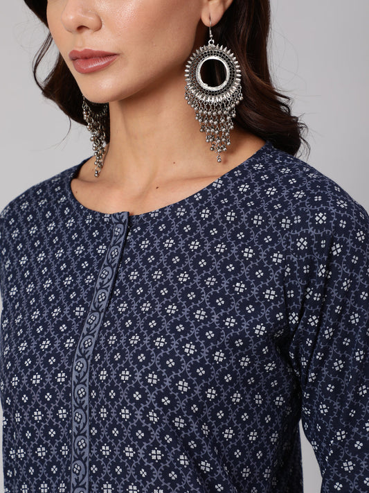 Women Blue Printed Straight Kurta With Three Quarter Sleeves | LASVINI - Redefining Indian Fashion with Elegance