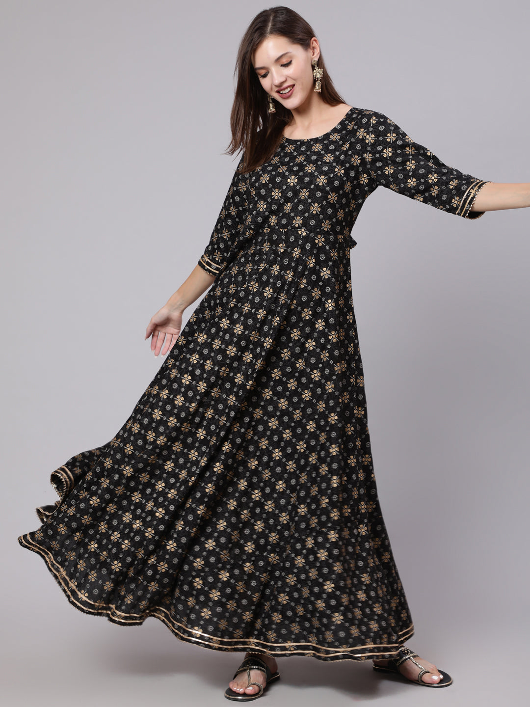 Women Black Printed Ethnic Dress With Gotta Details | LASVINI - Redefining Indian Fashion with Elegance