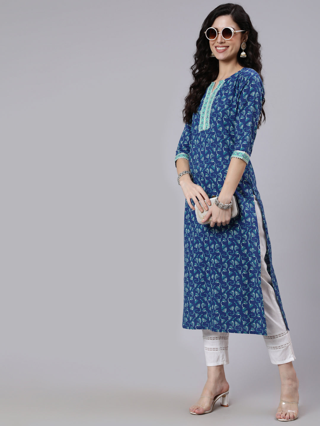 Women Blue Printed Straight Kurta With Three Quarter Sleeves | LASVINI - Redefining Indian Fashion with Elegance