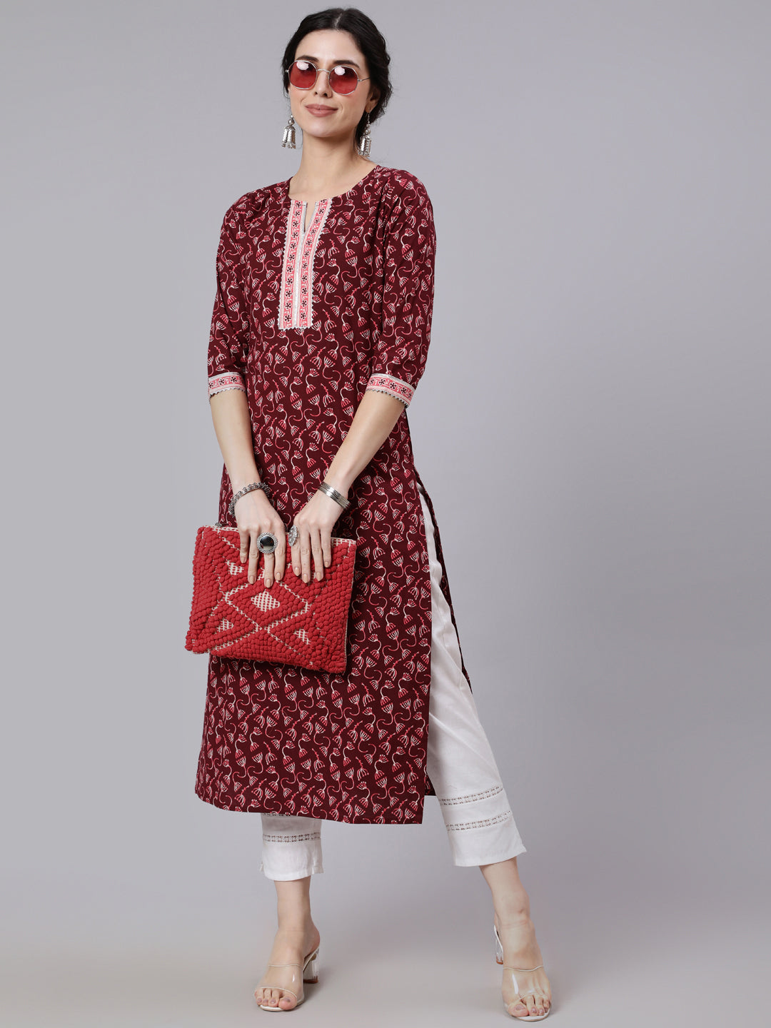 Women Burgundy Printed Straight Kurta With Three Quarter Sleeves | LASVINI - Redefining Indian Fashion with Elegance