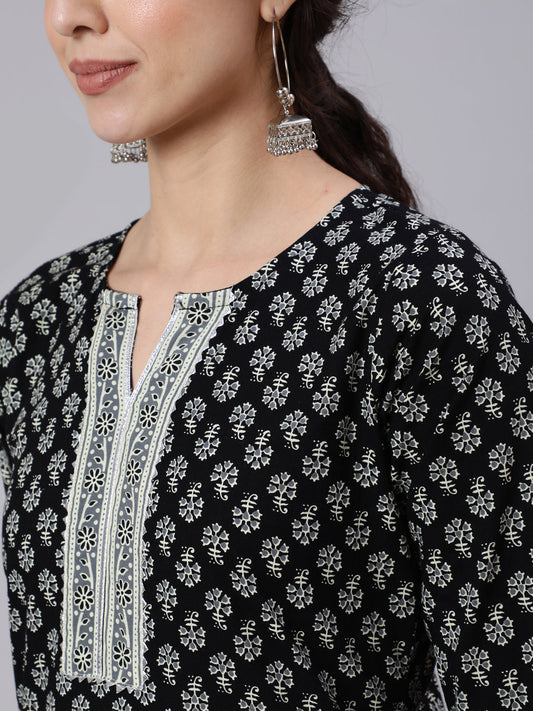 Women Black Printed Straight Kurta With Three Quarter Sleeves | LASVINI - Redefining Indian Fashion with Elegance