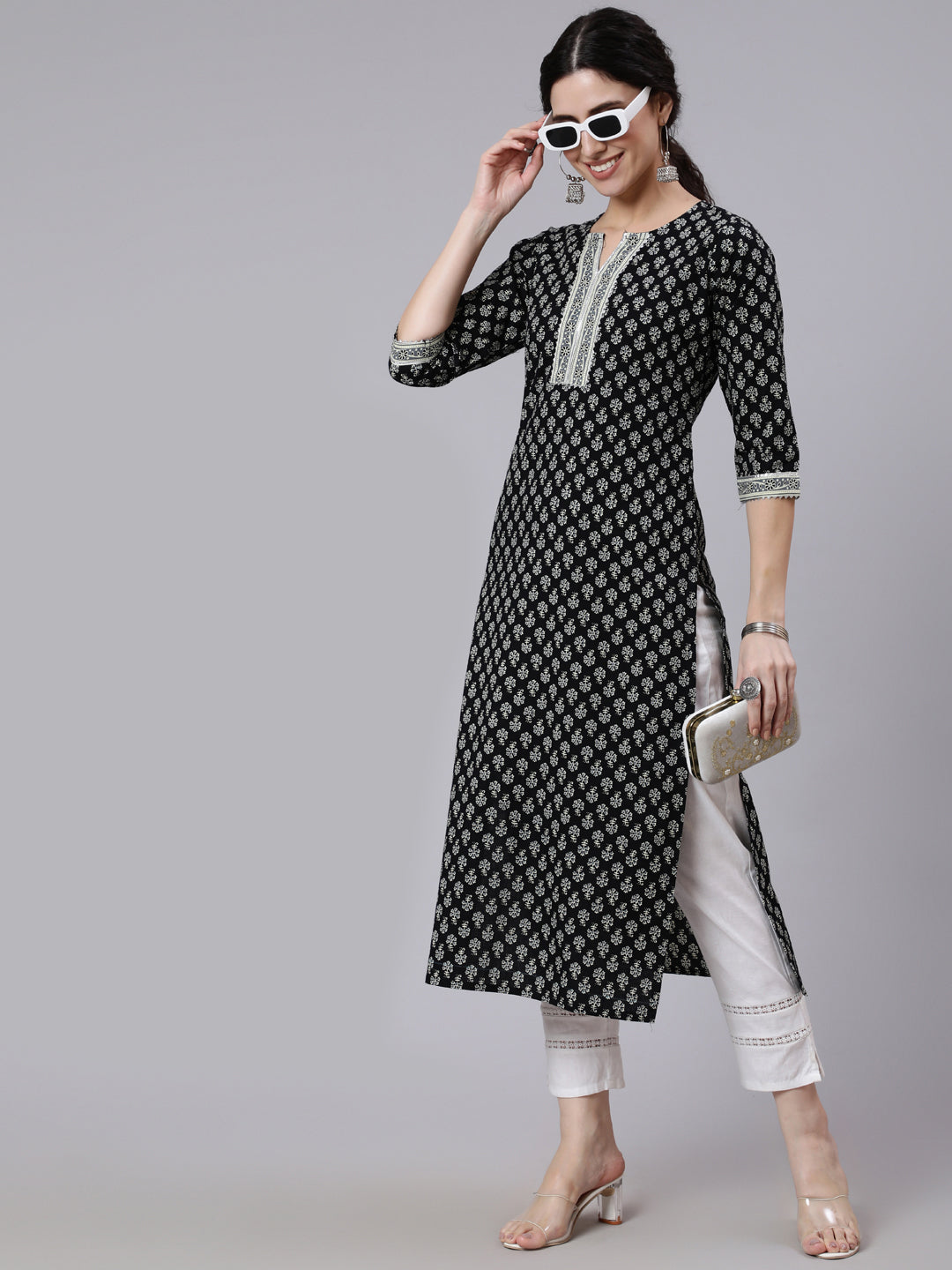 Women Black Printed Straight Kurta With Three Quarter Sleeves | LASVINI - Redefining Indian Fashion with Elegance
