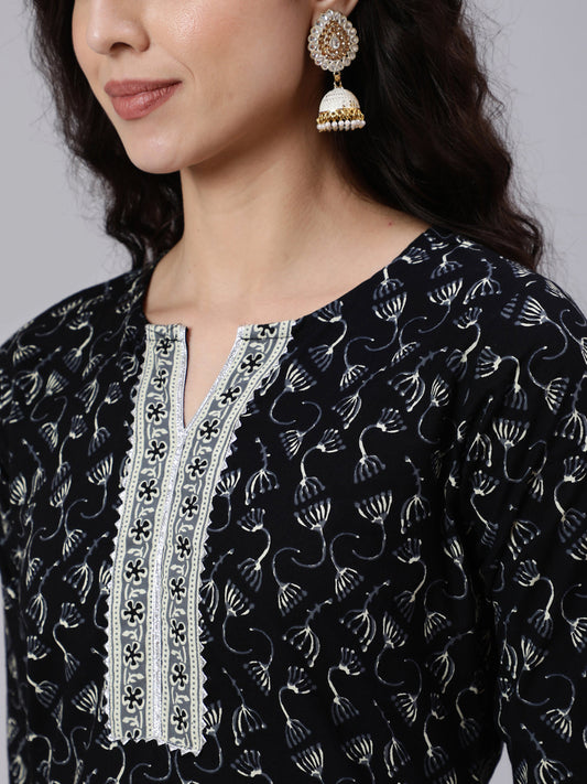 Women Black Printed Straight Kurta With Three Quarter Sleeves | LASVINI - Redefining Indian Fashion with Elegance