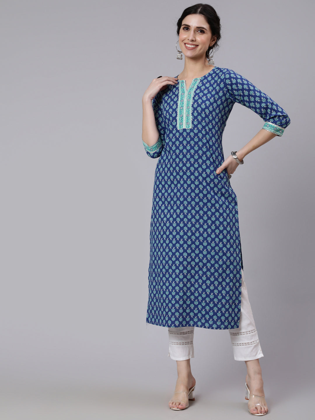 Women Blue Printed Straight Kurta With Three Quarter Sleeves | LASVINI - Redefining Indian Fashion with Elegance