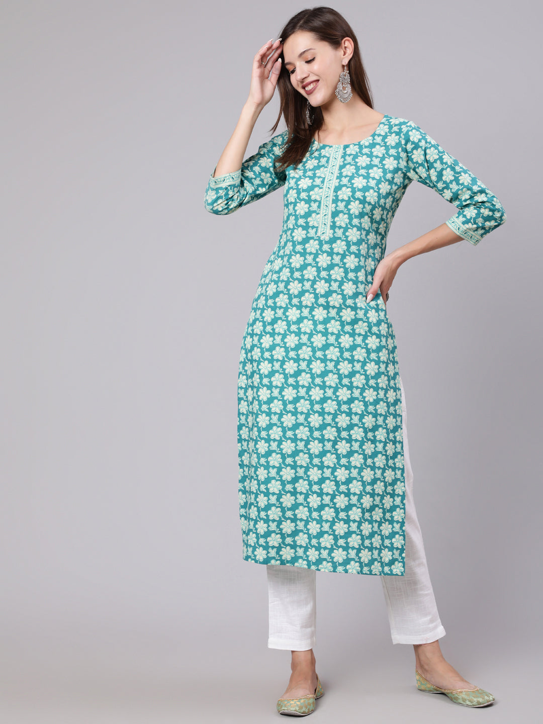 Women Blue Printed Straight Kurta With Three Quarter Sleeves | LASVINI - Redefining Indian Fashion with Elegance