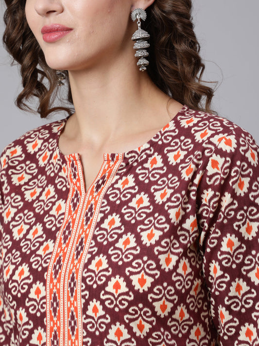 Women Burgundy Printed Straight Kurta With Three Quarter Sleeves | LASVINI - Redefining Indian Fashion with Elegance