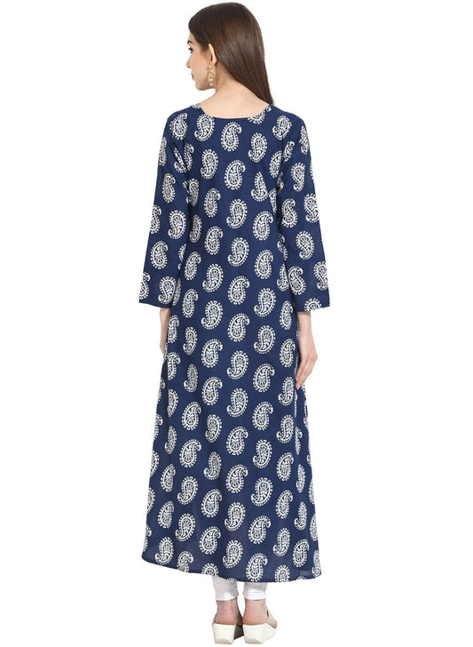 Blue Indigo Theme Printed 3/4Th Sleeve Assymetrical Rayon Kurta | LASVINI - Redefining Indian Fashion with Elegance