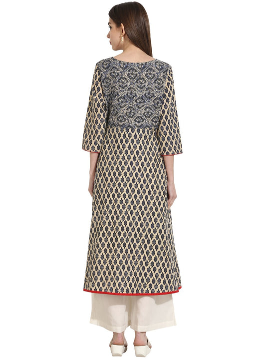 Beige Color 3/4Th Sleeve Cotton A-Line Kurta | LASVINI - Redefining Indian Fashion with Elegance
