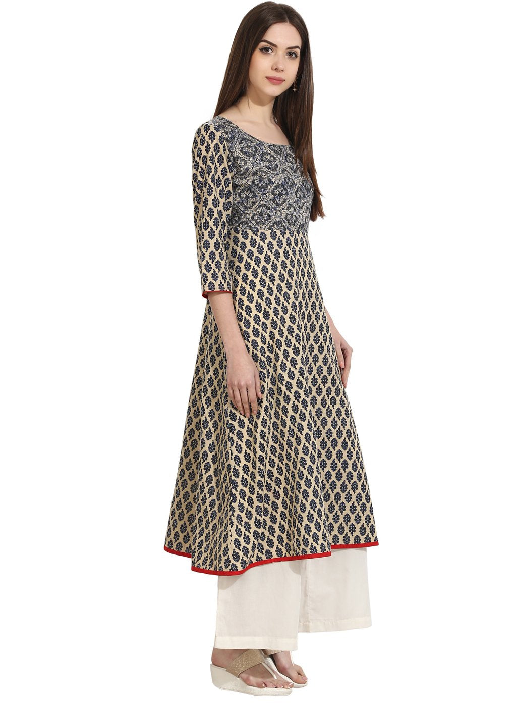 Beige Color 3/4Th Sleeve Cotton A-Line Kurta | LASVINI - Redefining Indian Fashion with Elegance