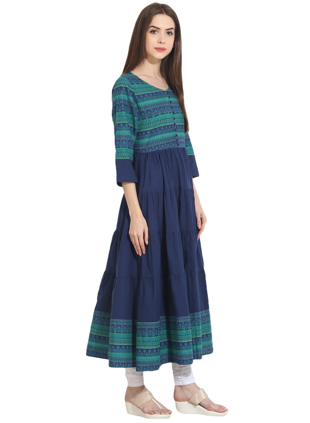 Blue 3/4Th Sleeve Cotton Tiered Anarkali Kurta | LASVINI - Redefining Indian Fashion with Elegance