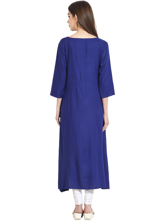 Blue 3/4Th Sleeve Low-High Rayon Kurta | LASVINI - Redefining Indian Fashion with Elegance