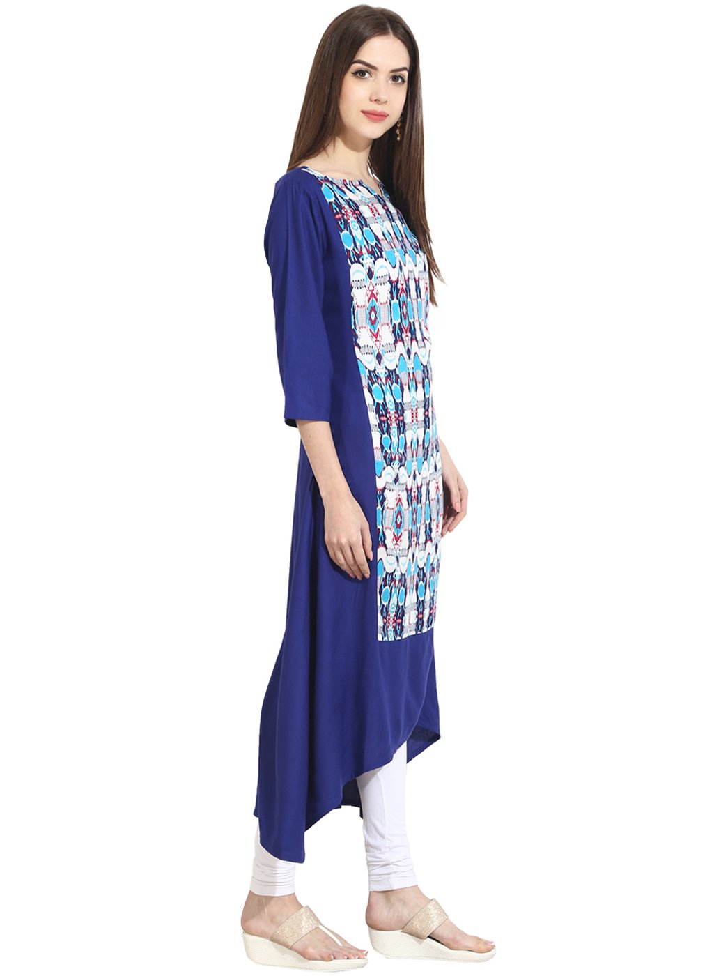 Blue 3/4Th Sleeve Low-High Rayon Kurta | LASVINI - Redefining Indian Fashion with Elegance