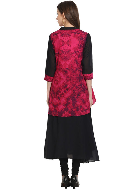 Black 3/4Th Sleeve Georgette Anarkali Kurta With Printed Yoke | LASVINI - Redefining Indian Fashion with Elegance