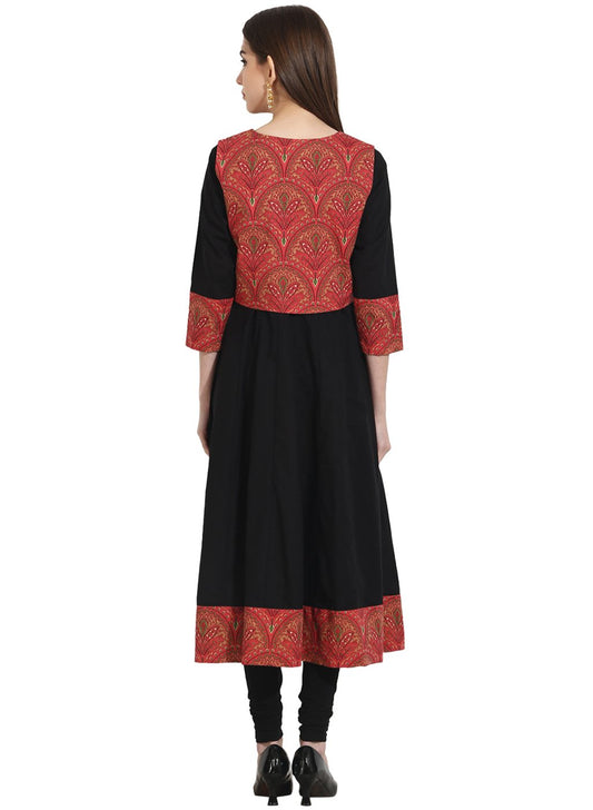 Black 3/4Th Sleeve Anarkali Kurta With Printed Jacket | LASVINI - Redefining Indian Fashion with Elegance