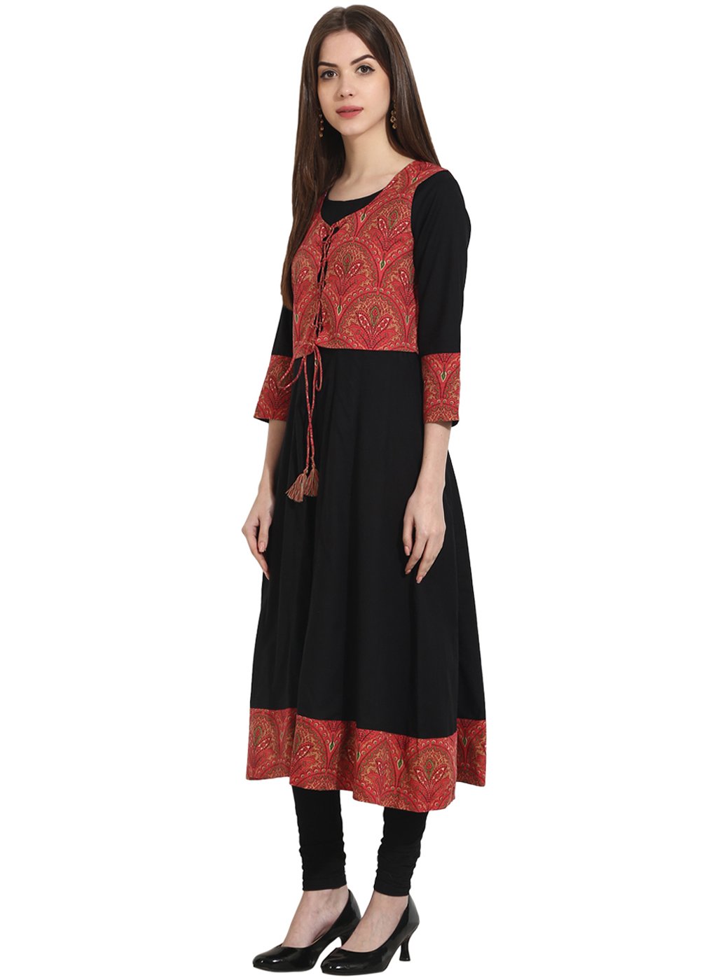 Black 3/4Th Sleeve Anarkali Kurta With Printed Jacket | LASVINI - Redefining Indian Fashion with Elegance