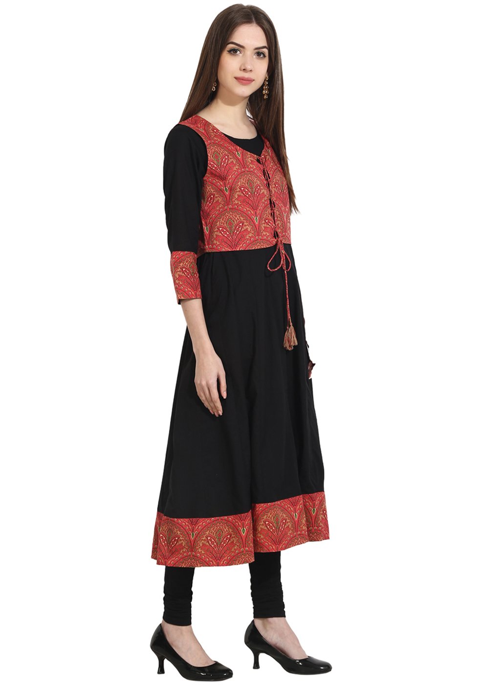 Black 3/4Th Sleeve Anarkali Kurta With Printed Jacket | LASVINI - Redefining Indian Fashion with Elegance