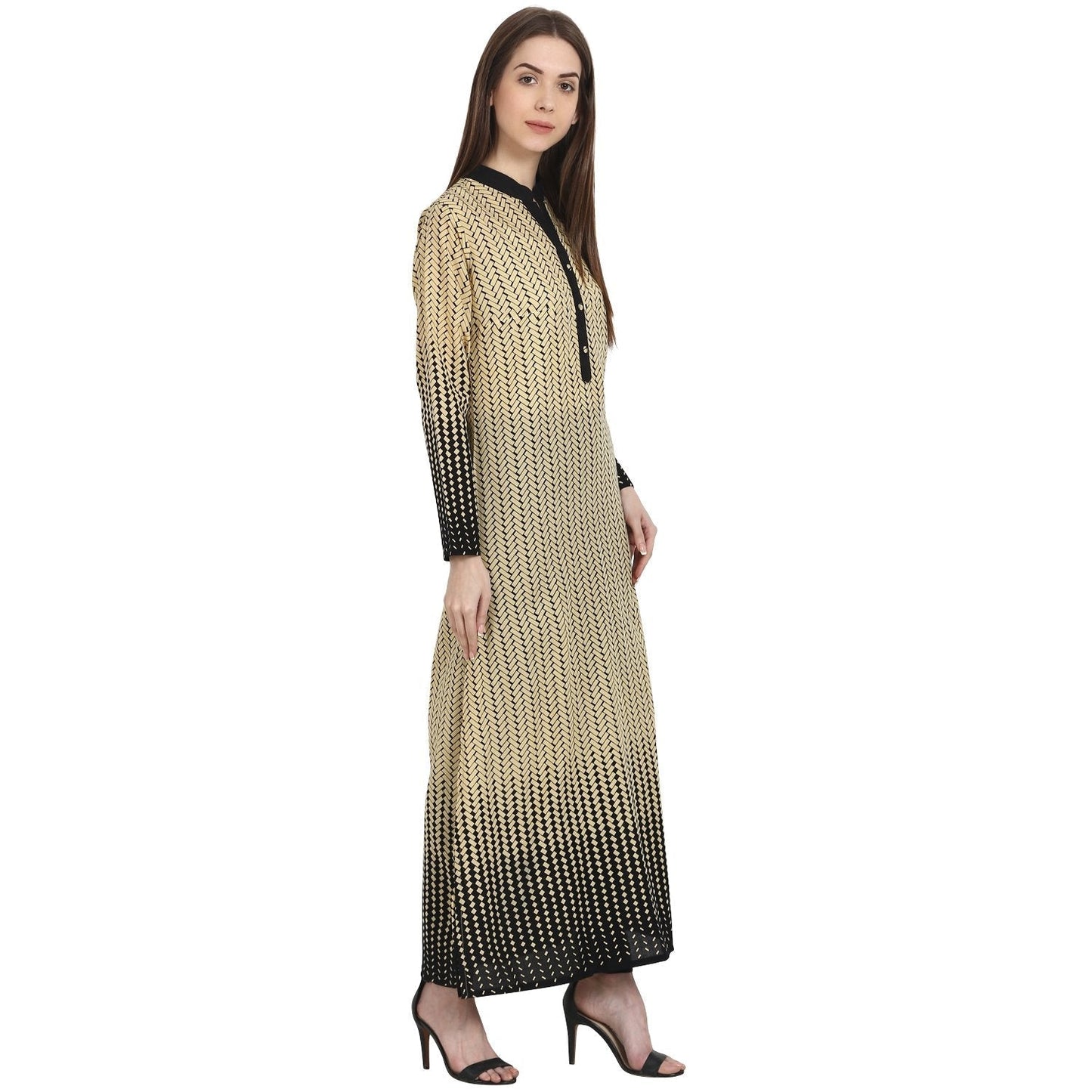 Beige & Black Printed Full Sleeve Ankle Length Cotton Kurta | LASVINI - Redefining Indian Fashion with Elegance