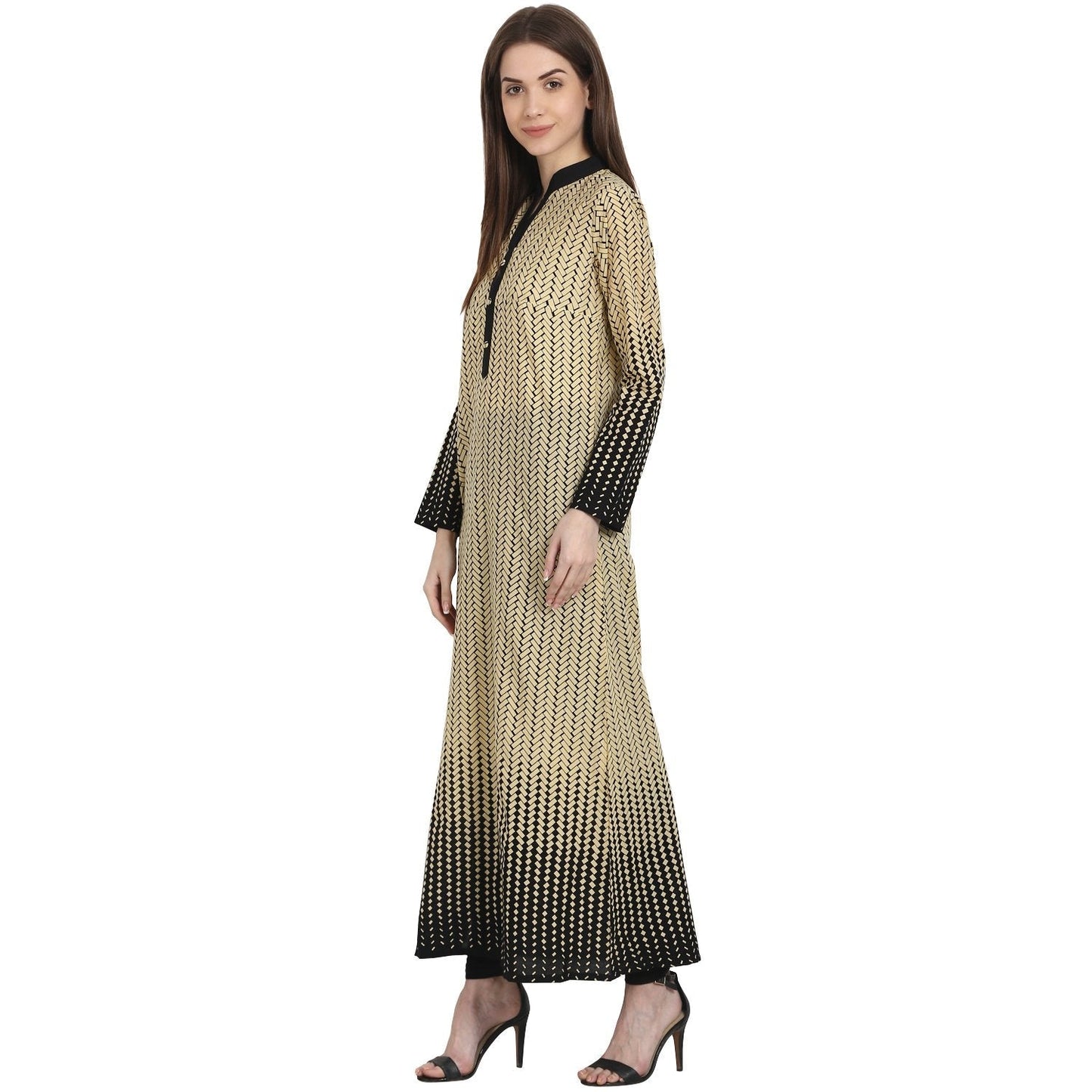 Beige & Black Printed Full Sleeve Ankle Length Cotton Kurta | LASVINI - Redefining Indian Fashion with Elegance
