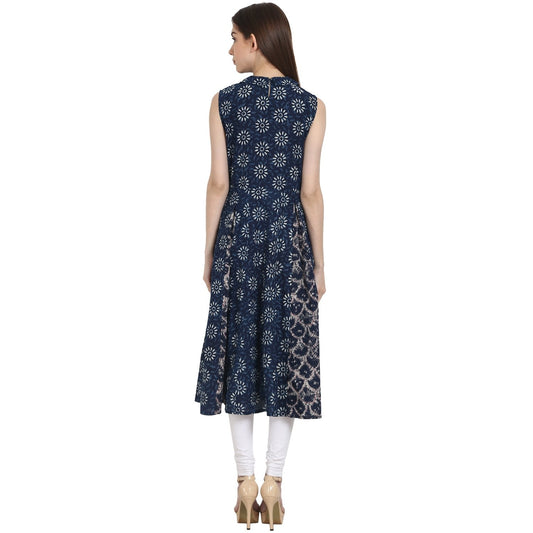 Blue Printed Sleevless A-Line Kurta | LASVINI - Redefining Indian Fashion with Elegance