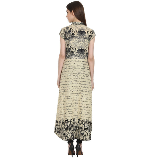 Beige Printed Cap Sleeve Low High Kurta | LASVINI - Redefining Indian Fashion with Elegance