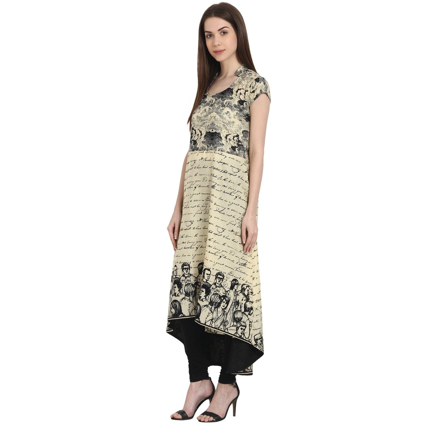 Beige Printed Cap Sleeve Low High Kurta | LASVINI - Redefining Indian Fashion with Elegance