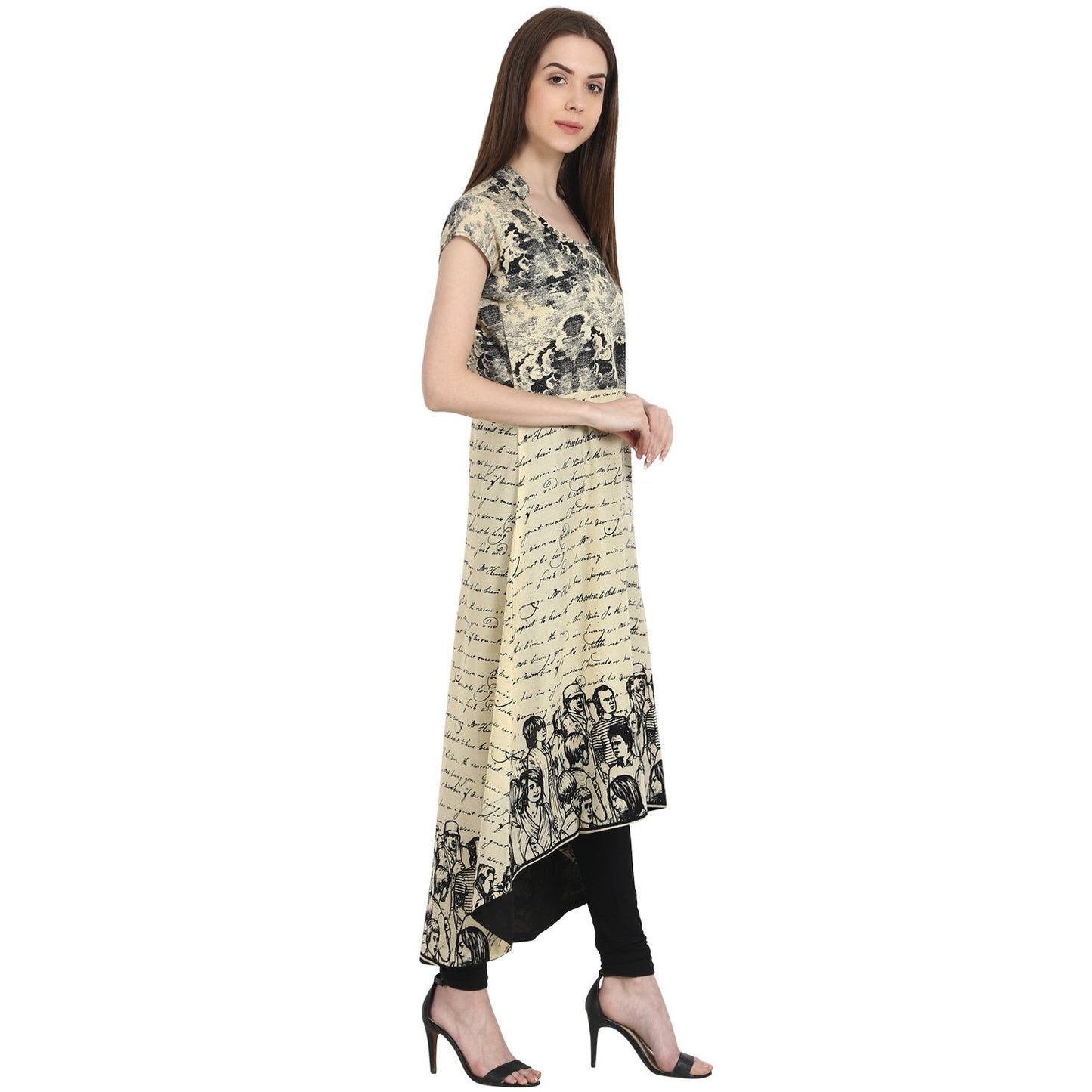 Beige Printed Cap Sleeve Low High Kurta | LASVINI - Redefining Indian Fashion with Elegance